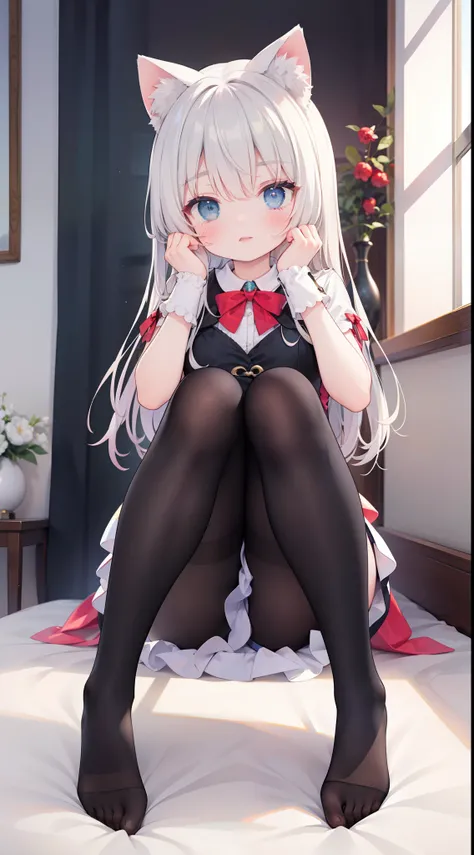 Wear beautiful clothes（Pure red Lolita skirt），Heteropupil，Heterochromia，The little girl was cute，cat ear，coda，Tied with a ball head，hair tying up，（mitts），lacepantyhose，dynamicposes，photographed，Pose，Sit Pose，Beds，inside in room，borgar，Full body photo