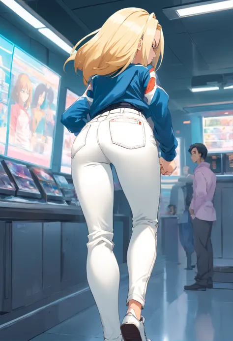 Android 18 in tight white pants, bent over showing her butt, looking back at viewer