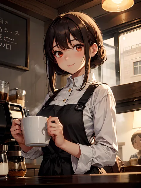 a smile(masutepiece), Best Quality,  Girl working in a coffee shop, She is making coffee in a machine, Coffee making, Perfect face, Expressive eyes, Brown Apron, Coffee shop seen from the inside, Tied hair,Red Eyes, Cute Girl, Cozy, (Night), Realistic, 4K,...