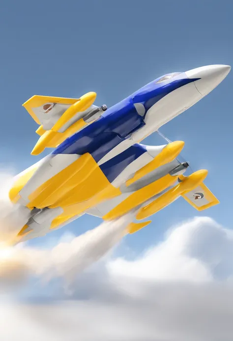 (a jet plane take-off in the air, white background), yellow color, grey color, navy-blue color, white color, simple lightning, good camera angle, fine shape, low-poly render