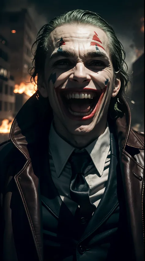 masterpiece, best quality, realistic,dynamic shot of Joker,laughing,crazy,evil smile,upper body DC universe cinematic, detailed face, 8k, uhd, sharp focus,Gotham City background，ruined city,Explosion everywhere,watfire everywhere,rain,fierce wind,Dust fall...