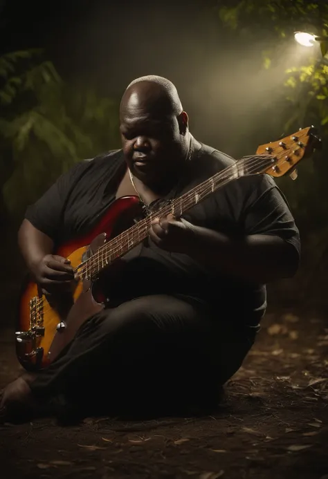 Flash photography of an extremely obese, shirtless, bald black man playing a bass guitar. And an alligator playing the drums behind the obese black man in a swamp at night