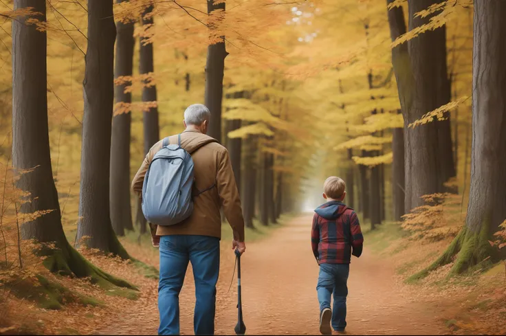 A father and son taking a stroll in a autumn forest, seen from their backs, oil painting. --auto --s2