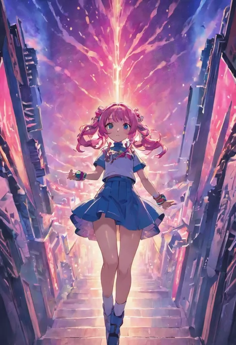 high resolution, best quality, masterpiece, very high image quality, ultra-detailed, hyperrealistic, 3d, anime, illustrations, fantasy, hard rock girl, very beautiful cute, pink wavy hair, side braid, miniskirt, knee high socks, engineer boots, background ...