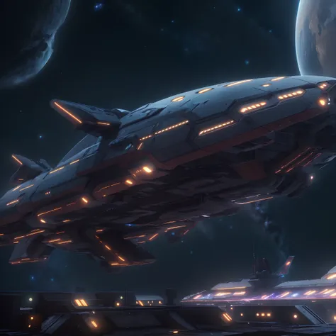 A huge spaceship,full bodyesbian，Solo，Spaceships in the Avengers，seen from outside，(multiple lighting sources:1.5),Detailed hull details,Cosmic galaxy background,Escaped spaceship,((Best quality)), ((Masterpiece)), (Epic composition:1.2), (unreal 5 render:...