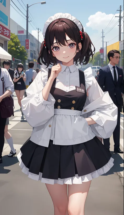 1girl in、AS-Adult、A smile、The shirt、Mini skirt、pantiy、（small tits）、doress、pinafore、Hair decoration、（Maid costume）、Walking with a thigh、Upper body portrait、