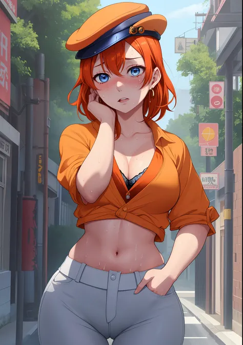 Masterpiece, best quality, detailed face, kousaka honoka, blue eyes, orange hair, open shirt,bra,half sleeves,earrings, black belt, tight white low pants, midriff, sweating, (sweating:1.3),  police cap,in street, toned stomach,thicc ,wide hips, hands on hi...