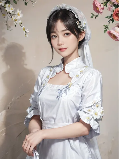 03
(Black Shorthair:1.3), (a 20 yo woman), (A hyper-realistic), (masutepiece), (8KUHD), Beautiful woman, A smile, (Wearing white maid clothes:1.3), (Floral Maid Clothing:1.2)