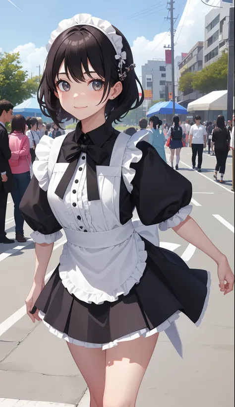 1girl in、AS-Adult、A smile、The shirt、Mini skirt、pantiy、（small tits）、doress、pinafore、Hair decoration、（Maid costume）、Walking with a thigh、Upper body portrait、