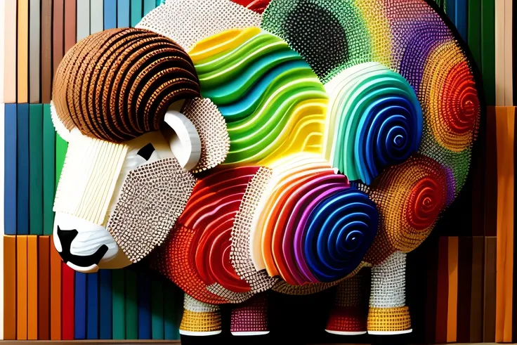 Multicolored stone mosaic of 1 wooden sheep