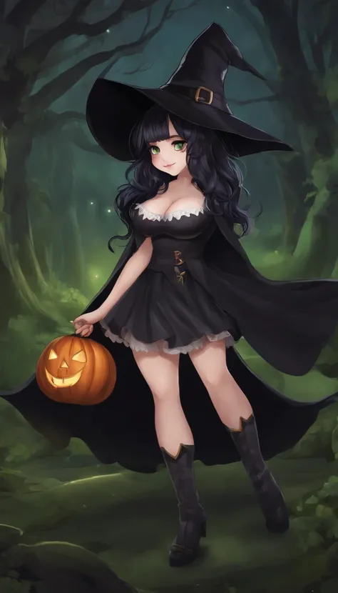 Curvaceous,1 very young girl,full body view,dressed as a witch,thigh_highs,mini_skirt,large_hips,spooky,blushing,ahegao_face,black-hair,green-eyes,heart-shaped_pupils,long_hair,tiny-waist,High detailed,