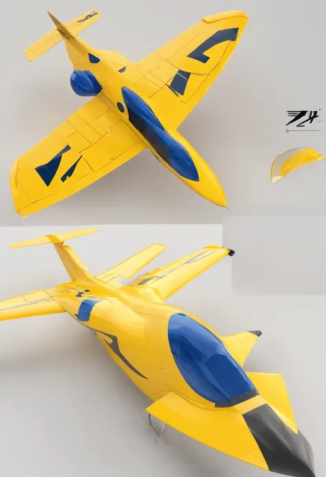 (a jet plane top-back view, back view), yellow color, grey color, navy-blue color, white color, simple lightning, top-back camera angle, back-view, fine shape, low-poly render, clean background, flat-color background, white-background