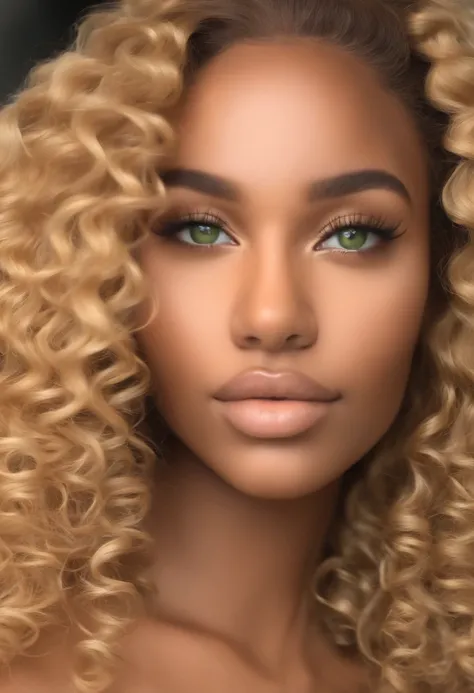 "Ultra-realistic image of a beautiful 21-year-old Afro-Latin girl,Caramel peel, corps parfait, forte poitrine, nez fin,Taille fine, cheveux blond, Curly and curly hair karibean , Piercing light green eyes.hyper-realistic，anatomie correcte，Facial features a...