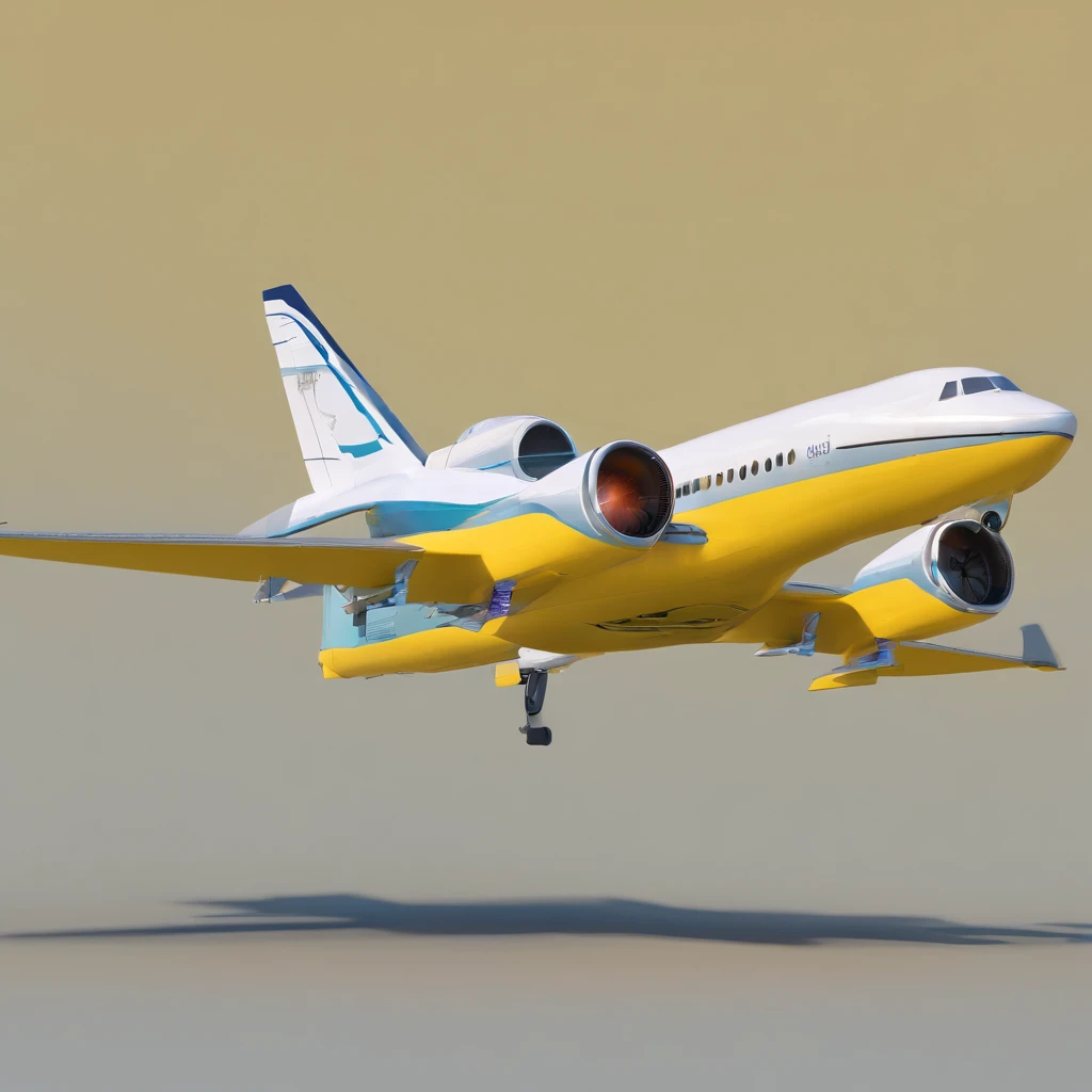 (a jet plane flying in top-back view, back view, camera from behind the plane), yellow color, grey color, navy-blue color, white color, simple lightning, top-back camera angle, back-view, fine shape, low-poly render, clean background, flat-color background...