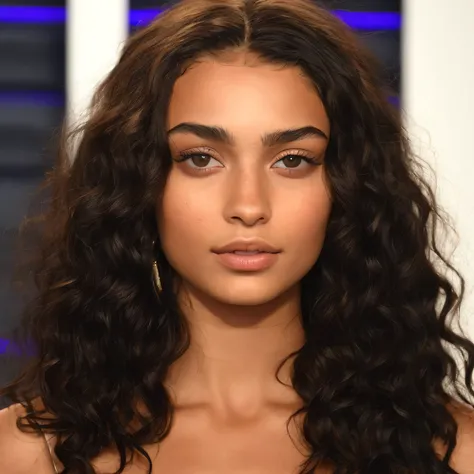 a close up of a woman with long curly hair and a black dress, imaan hammam, curly middle part haircut, wavy shoulder-length hair, flawless olive skin, portrait sophie mudd, shanina shaik as medusa, she has olive brown skin, vibrant dark wavy hair, olive sk...