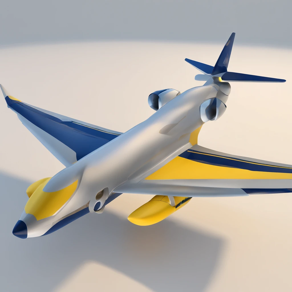 (a jet plane flying in top-front view, front view, camera view from front of the plane), yellow color, grey color, navy-blue color, white color, simple lightning, fine shape, low-poly render, clean background, flat-color background, white-background