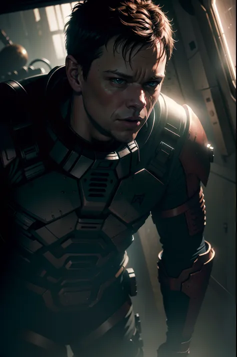 Sci Fi Horror Dead Space Matt Damon on Ishimura Haunted Ship photography, natural light, photorealism, cinematic rendering, ray tracing, the highest quality, the highest detail, Cinematic, Third-Person View, Blur Effect, Long Exposure, 8K, Ultra-HD, Natura...