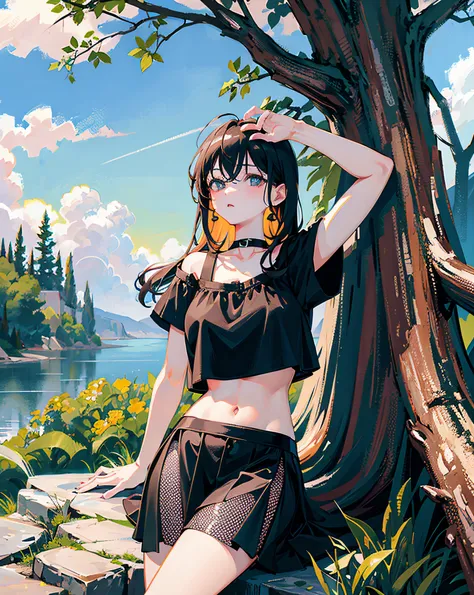 (Realistic painting style:1.0), Masterpiece, Best quality, absurderes, comic strip, illustration,
1 girl, long hair, cute girl, young and cute girl, Korean girl, {Breasts}, hana, 
a girl sitting on a rock near a tree in a black dress, wearing a sexy croppe...