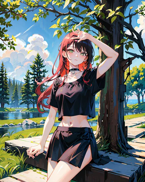 (Realistic painting style:1.0), Masterpiece, Best quality, absurderes, comic strip, illustration,
1 girl, long hair, cute girl, young and cute girl, Korean girl, {Breasts}, hana, 
a girl sitting on a rock near a tree in a black dress, wearing a sexy croppe...