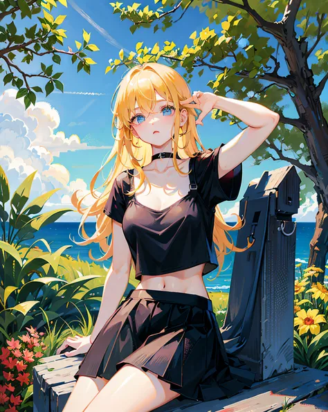 (Realistic painting style:1.0), Masterpiece, Best quality, absurderes, comic strip, illustration,
1 girl, Long hair, Cute girl, young and cute girl, Korean girl, {Breasts}, Hana, 
A girl in a black dress sits on a rock next to a tree, wearing sexy cropped ...