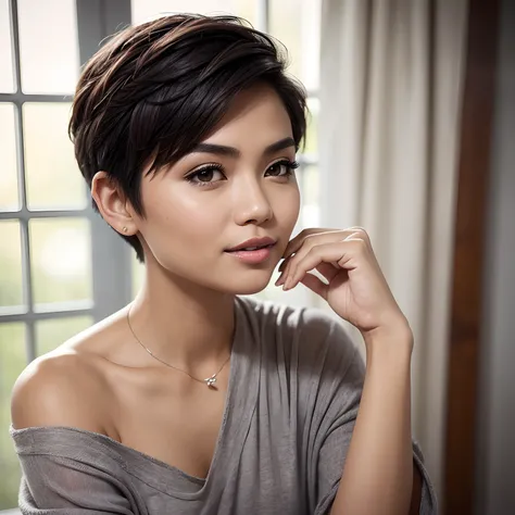 Create an effortlessly elegant portrait of the Malay woman in casual attire, short grey pixie cut hair, portraying her natural beauty and grace through a relaxed and candid pose,