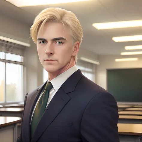 Man 50 years old blonde hair green eyes male face in office school principal Ray Stevenson wide chin