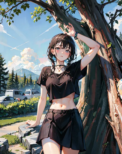 (Realistic painting style:1.0), Masterpiece, Best quality, absurderes, comic strip, illustration,
1 girl, long hair, cute girl, young and cute girl, Korean girl, {Breasts}, hana, 
a girl sitting on a rock near a tree in a black dress, wearing a sexy croppe...