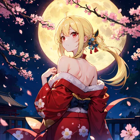 Keeping hair together、a blond、red eyes、One Beautiful Girl、Kimono、off shoulders、a moon、natta、cherry trees