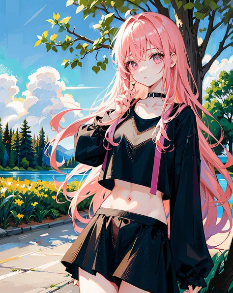 (Realistic painting style:1.0), Masterpiece, Best quality, absurderes, comic strip, illustration,
1 girl, Long hair, Cute girl, young and cute girl, Korean girl, {Breasts}, Hana, 
A girl in a black dress sits on a rock next to a tree, wearing sexy cropped ...