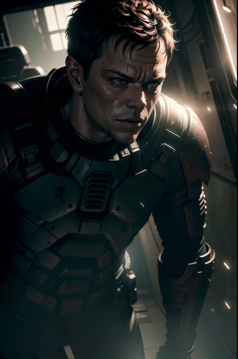 Sci Fi Horror Dead Space Matt Damon on Ishimura Haunted Ship photography, natural light, photorealism, cinematic rendering, ray tracing, the highest quality, the highest detail, Cinematic, Third-Person View, Blur Effect, Long Exposure, 8K, Ultra-HD, Natura...