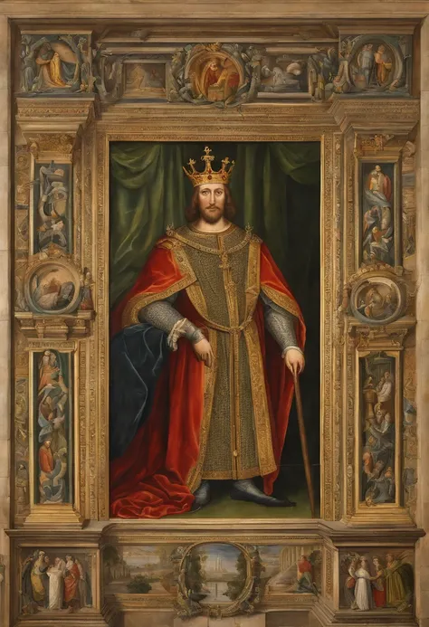 (Masterpiece, Best Quality),Renaissance style, Masterpiece, intense illumination, extremely highly detailed, Portrait of Saint Louis IX inside the Château de Saint-Germain-en-Laye, He holds the crown of thorns that Christ placed on his head