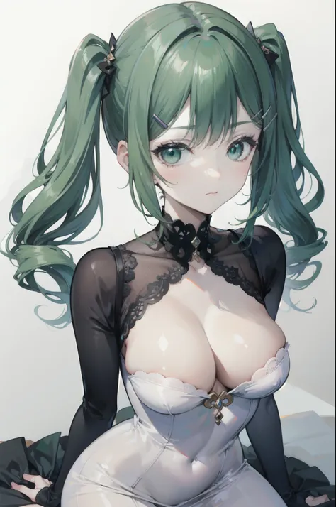 medium round breasts, tight sensual dress, breasts get out of dress, curly twintails, hair clips, side bangs, green eyes, dark green hair, ultra detailed artwork,