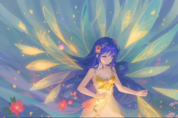 beautiful girl in fairy dress made of flower petals, beautiful fairy queen surrounded by colorful tiny pixies and fairies, glowing tiny fairies, (glowing fairy wings), glowing flowing ballgown, long wavy hair, sparkling fairy wings, watercolor illustration...