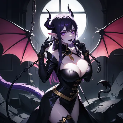 1girl, solo, big breasts, demon, purple eyes, sharp teeth, long pointy black nails, long straight hair, black hair, purple horns, black lipstick, elf ears, diamond earrings, purple necklace, light purple tail, cinematic lighting, cat eyes, demon wings, hor...