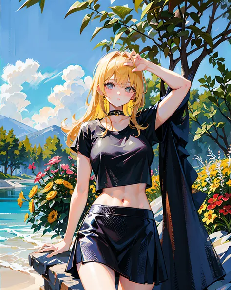 (Realistic painting style:1.0), Masterpiece, Best quality, absurderes, comic strip, illustration,
1 girl, Long hair, Cute girl, young and cute girl, Korean girl, {Breasts}, Hana, 
A girl in a black dress sits on a rock next to a tree, wearing sexy cropped ...