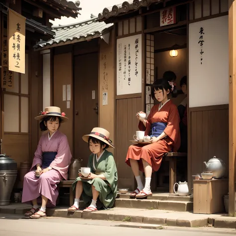 Japanese beggers sipping tea on a street