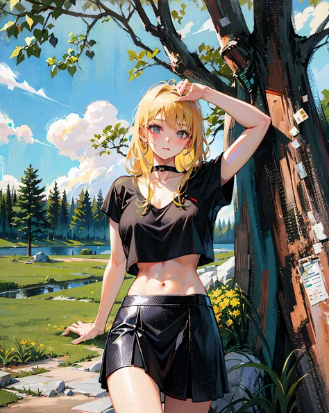 (Realistic painting style:1.0), Masterpiece, Best quality, absurderes, comic strip, illustration,
1 girl, Long hair, Cute girl, young and cute girl, Korean girl, {Breasts}, Hana, 
A girl in a black dress sits on a rock next to a tree, wearing sexy cropped ...