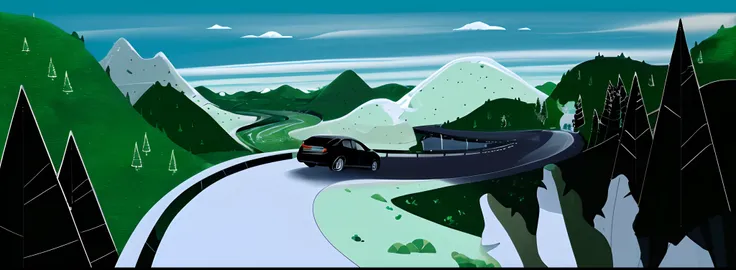 The car was driving on a mountain road，a green forest，Black car，White pavement，Various plants，with blue sky and white clouds