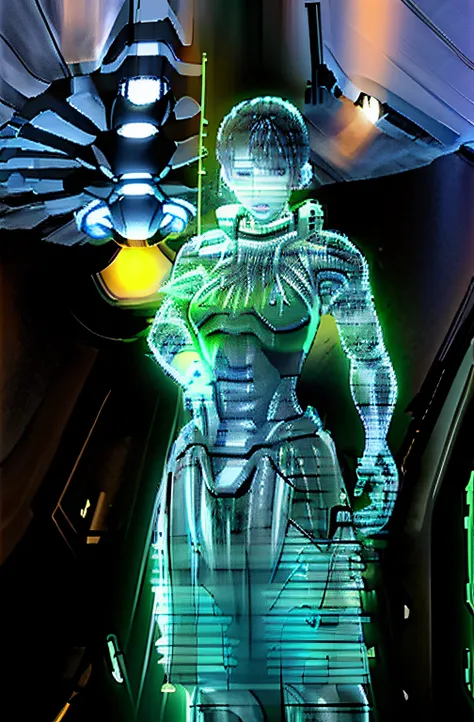 a star wars like hologram projection, matrix green hologram, a close up of a woman in a futuristic suit standing in a room, cybersuit, cyber suit, cyber armour, cybersuits, clothed in cyber armour, cyber armor, diverse cybersuits, cybernetic wallpaper, sci...