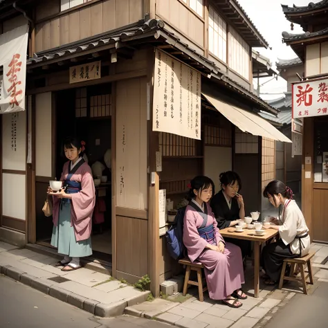 Japanese beggers sipping tea on a street