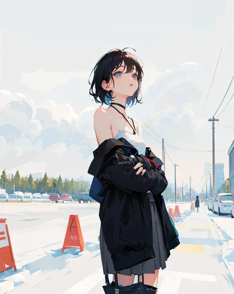 (Realistic painting style:1.0), Masterpiece, Best quality, absurderes, comic strip, illustration,
1 girl, medium hair, cute girl, young and cute girl, Korean girl, {Breasts}, kuan17, 
a girl in black top and grey skirt standing on street, wearing black cam...