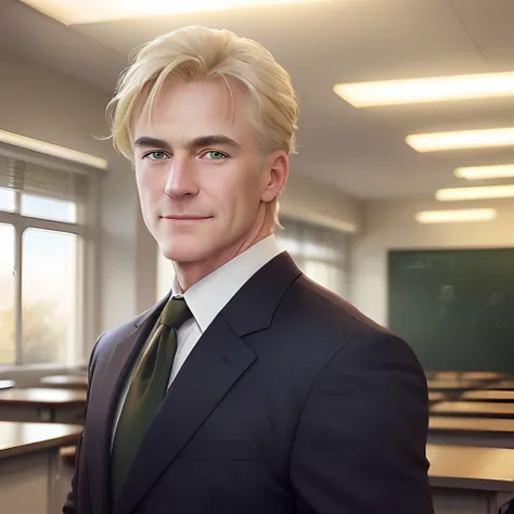 Man 50 years old, Blonde hair blonde, Green Eyes, masculine face, in office, Headmaster Ray Stevenson, wide chin, ssmile, wide shoulders