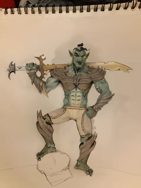 Half Black dragon orc, shirtless, hold a great sword across his back, green skin, black scales