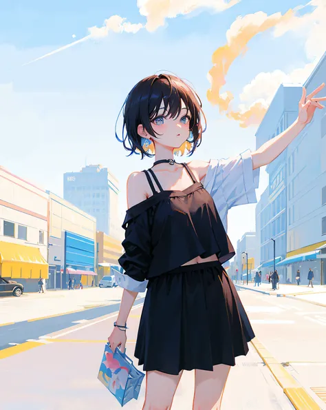 (Realistic painting style:1.0), Masterpiece, Best quality, absurderes, comic strip, illustration,
1 girl, medium hair, cute girl, young and cute girl, Korean girl, {Breasts}, kuan17, 
a girl in black top and grey skirt standing on street, wearing black cam...