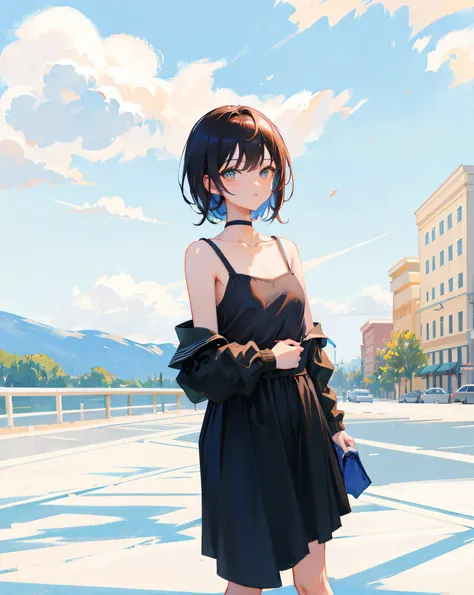 (Realistic painting style:1.0), Masterpiece, Best quality, absurderes, comic strip, illustration,
1 girl, medium hair, cute girl, young and cute girl, Korean girl, {Breasts}, kuan17, 
a girl in black top and grey skirt standing on street, wearing black cam...