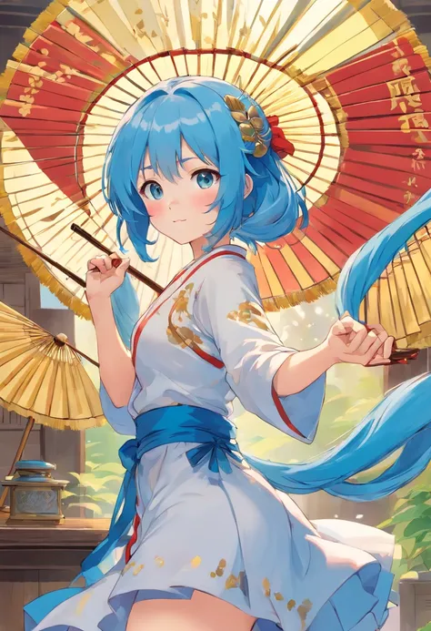 shrine maiden　Blue hair　Golden Eyes　gargantilha　folding fan　loimu　年轻　Naughty Poses　cute little　tits out　friendly