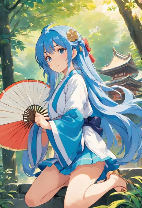 shrine maiden　Blue hair　Golden Eyes　gargantilha　folding fan　loimu　年轻　Naughty Poses　cute little　tits out　friendly