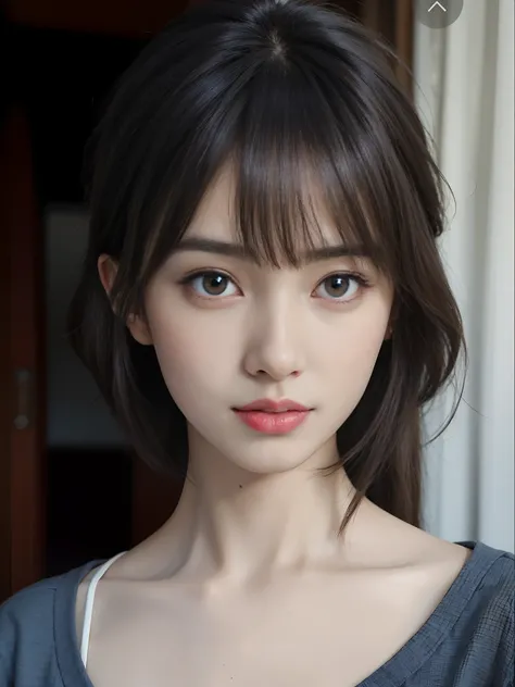 (masutepiece: 1.3, Best Quality: 1.2), (Raw photo, 32K), (Photorealistic: 1.4), Top quality 8K wallpapers,Crisp focus：1.2、Beautiful Women in Perfect Style：1.4、Close up portrait of woman with gray shirt and brown hair, Young adorable Korean face, the face o...