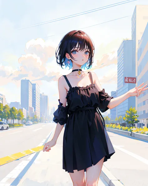 (Realistic painting style:1.0), Masterpiece, Best quality, absurderes, comic strip, illustration,
1 girl, medium hair, cute girl, young and cute girl, Korean girl, {Breasts}, kuan17, 
a girl in black top and grey skirt standing on street, wearing black cam...