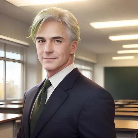 Man 50 years old, hair light, Eyes, Bright green color, Male face in office, Headmaster Ray Stevenson, wide chin, ssmile, wide shoulders